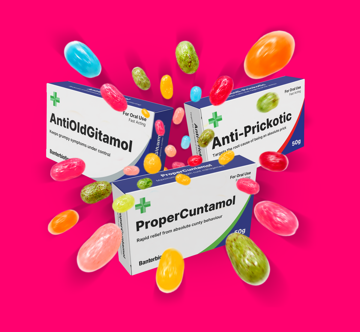 Three pharmaceutical product boxes labeled AntiOldGitamol, ProperCuntamol, and Anti-Prickotic, surrounded by floating colorful jelly beans on a bright pink background.