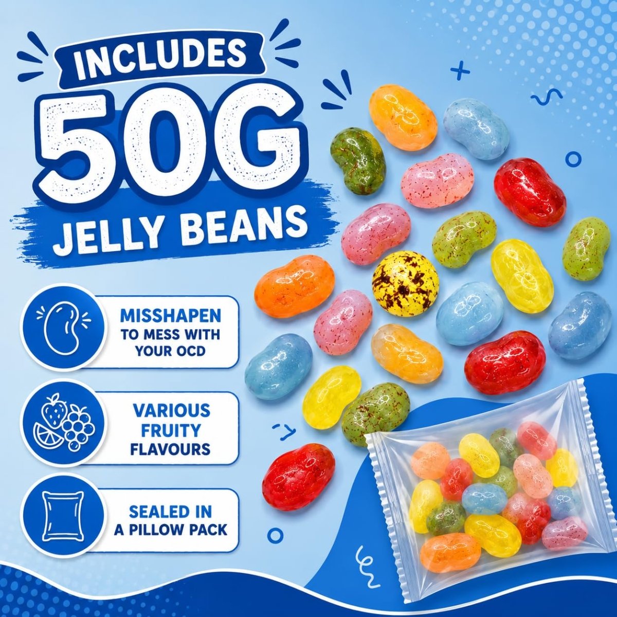 Promotional graphic for a 50g pack of jelly beans, showing loose multicolored jelly beans scattered on a bright blue background with text callouts and a small sealed bag of beans in the lower right corner.
